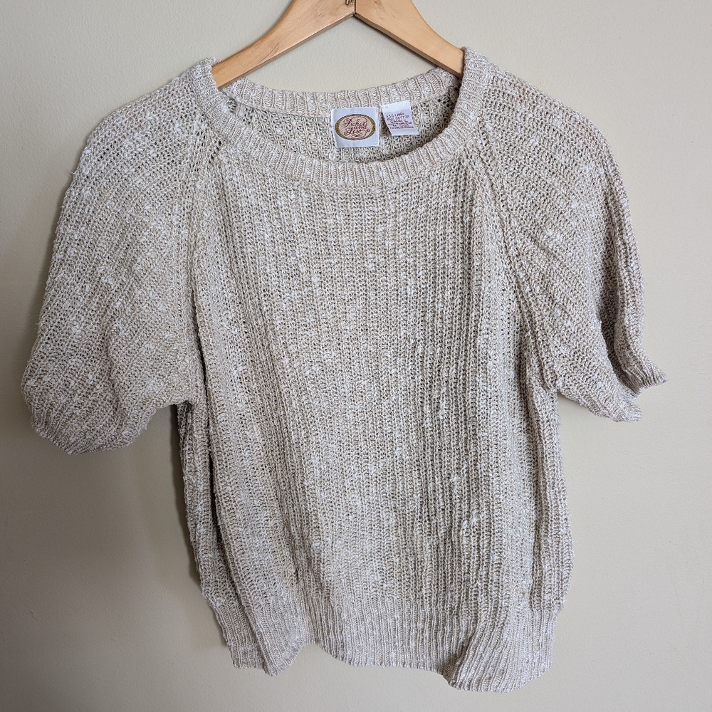 Vintage beige & white knit linen and cotton casual short sleeve top size small